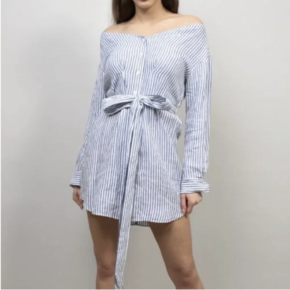 FRAME 100% Linen Blue White Stripe Shirt Dress Mini Button Front Belted Size XL